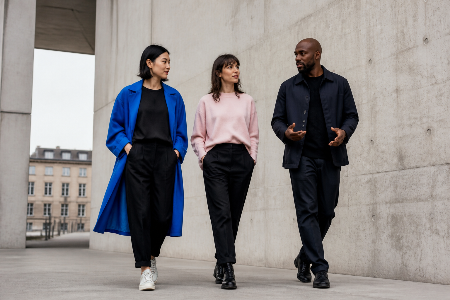 Équipe créative marchant dans une architecture contemporaine