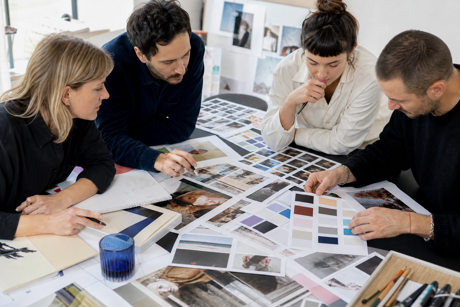 Équipe du studio réunie autour d'une sélection d'images